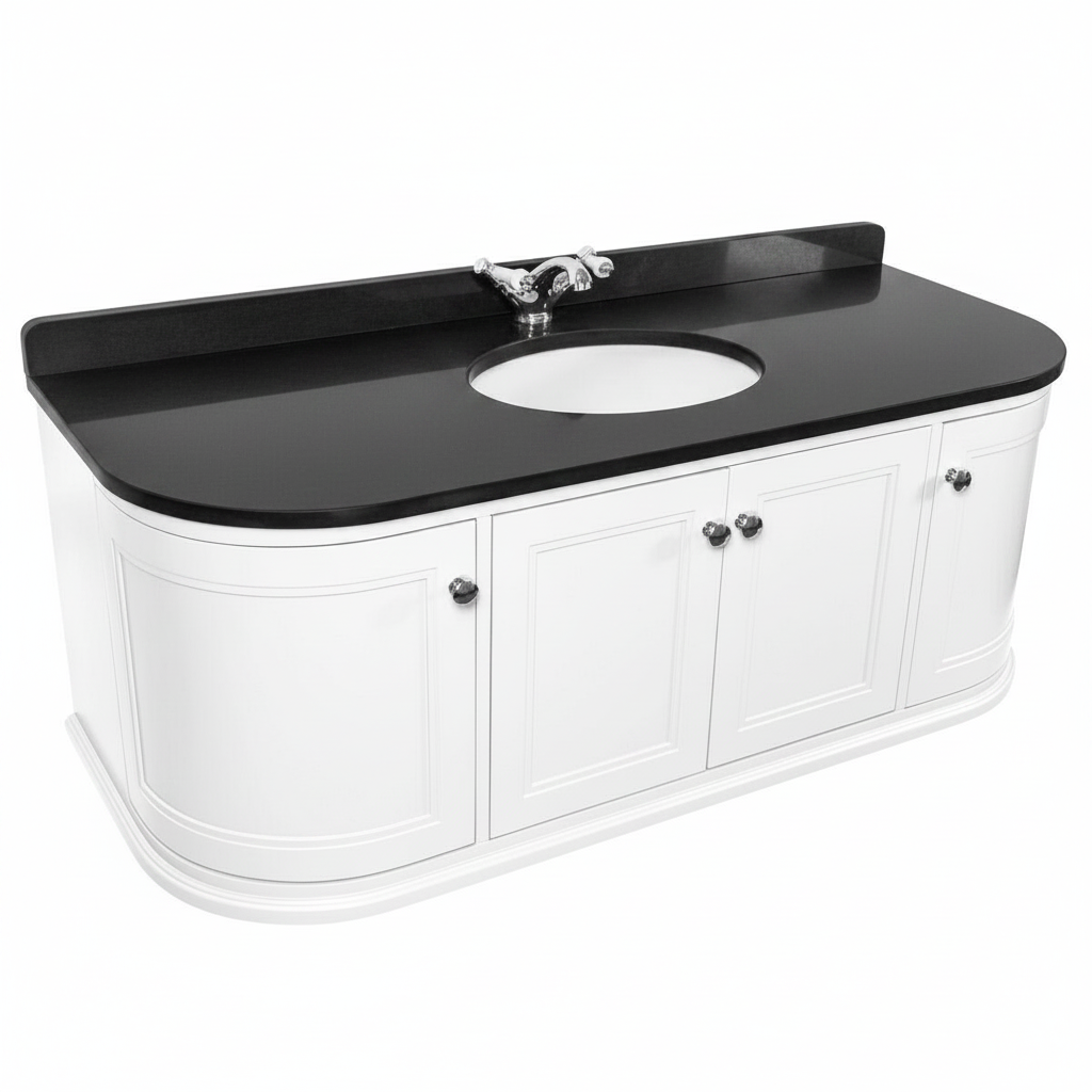 Kingsbury Classic Curved 1200mm Wall Hung Vanity Unit, Black Worktop &amp; Ceramic Basin - White