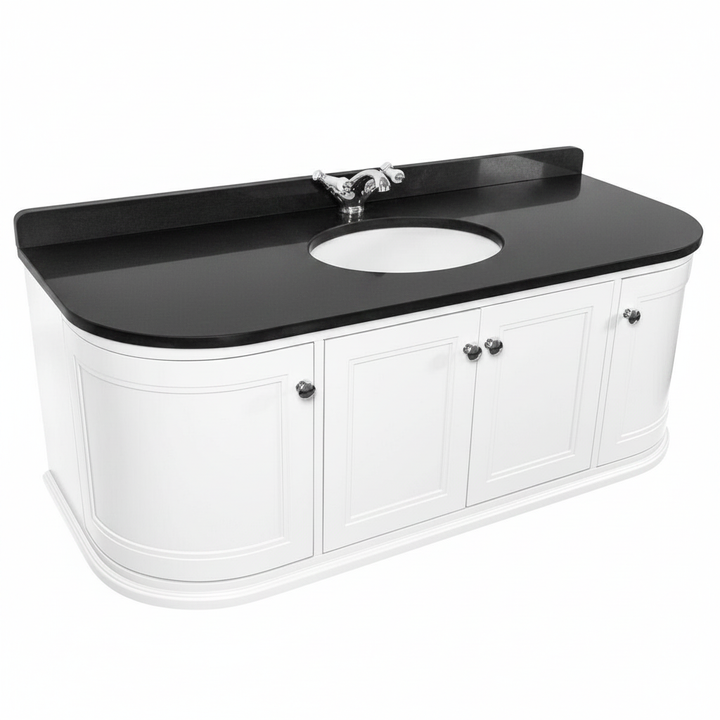 Kingsbury Classic Curved 1200mm Wall Hung Vanity Unit, Black Worktop &amp; Ceramic Basin - White