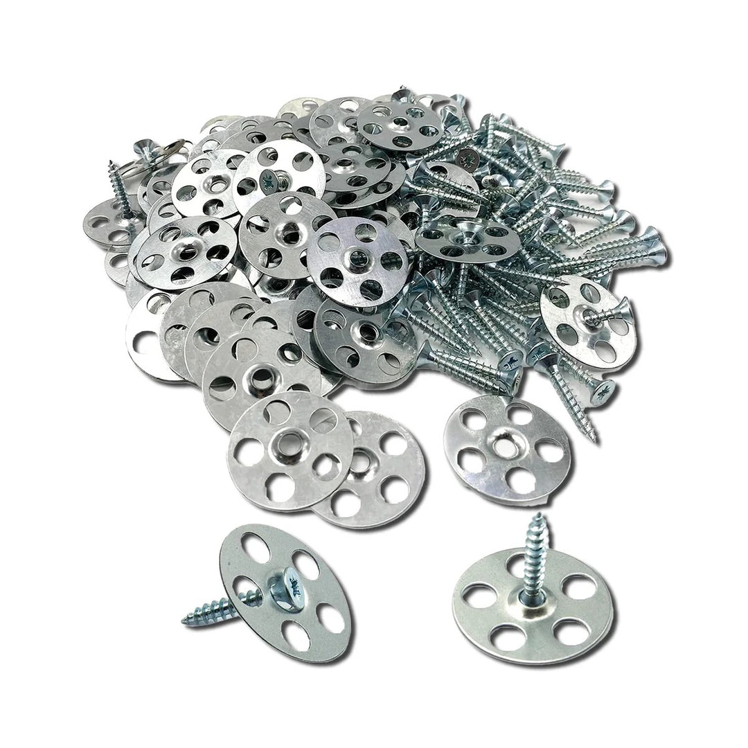 Pack of 35mm galvanised steel fixing screws and washers for securely installing XPS tile backer boards, containing 100 screws and 100 matching fixing washers.