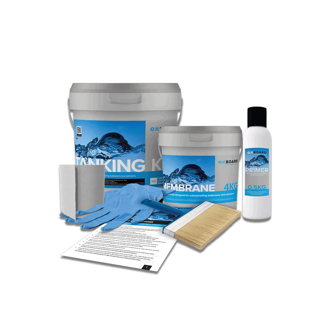 Onboard Shower Tanking Kit 10sqm complete waterproofing system including waterproof membrane, sealing tape, corners and accessories for protecting shower and wet room installations before tiling.
