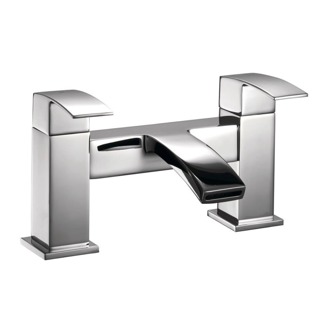 Modern chrome bath filler tap with twin lever handles and a curved spout, featuring a polished finish for contemporary bathroom installations.