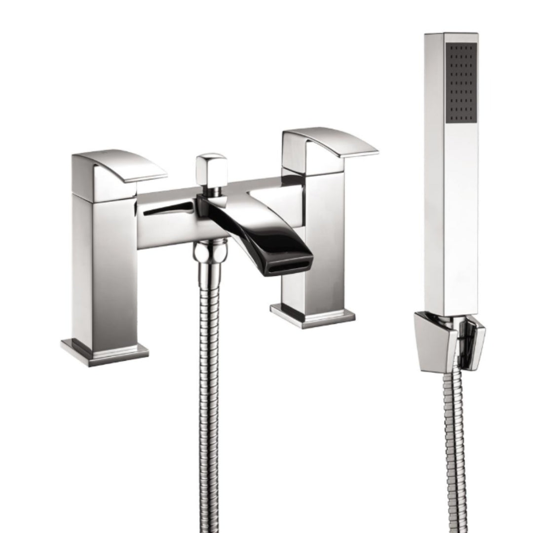 Niagara Pimlico modern chrome bath shower mixer tap with twin lever handles, curved spout, matching handset and flexible shower hose for contemporary bathrooms.
