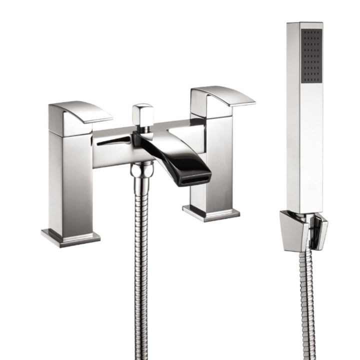 Niagara Pimlico modern chrome bath shower mixer tap with twin lever handles, curved spout, matching handset and flexible shower hose for contemporary bathrooms.