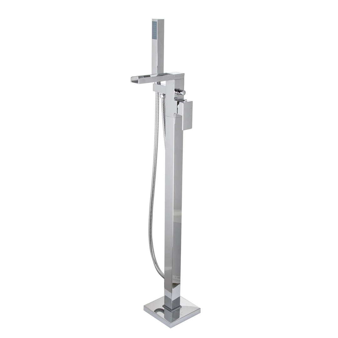 Soho freestanding chrome bath shower mixer tap with floor-mounted design, curved spout, single lever control and matching handset with flexible shower hose for freestanding baths.