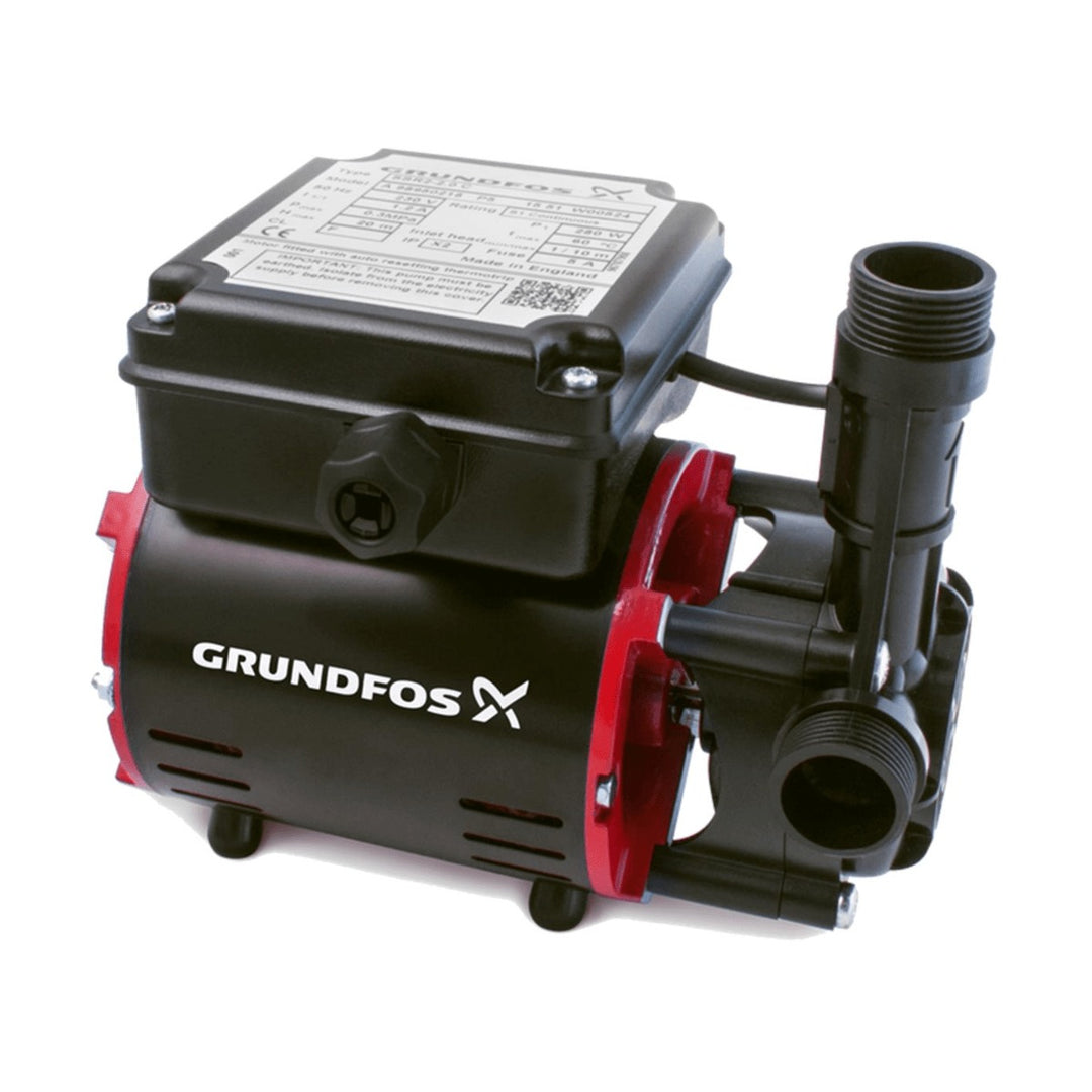 Grundfos SSR2 2.0 Bar positive head single impeller regenerative shower booster pump with 22mm stainless steel hoses.