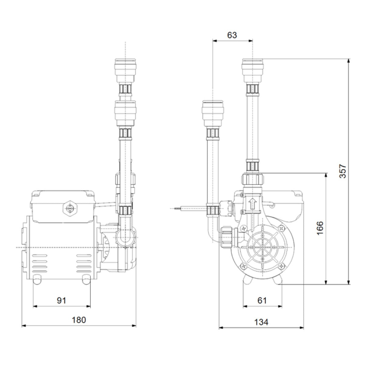 Grundfos SSR2 2.0 Bar Shower Booster Pump - Technical drawing