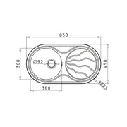 Pyramis SR Twig 850 x 450mm 1 Bowl 1 Taphole Sink - Technical drawing