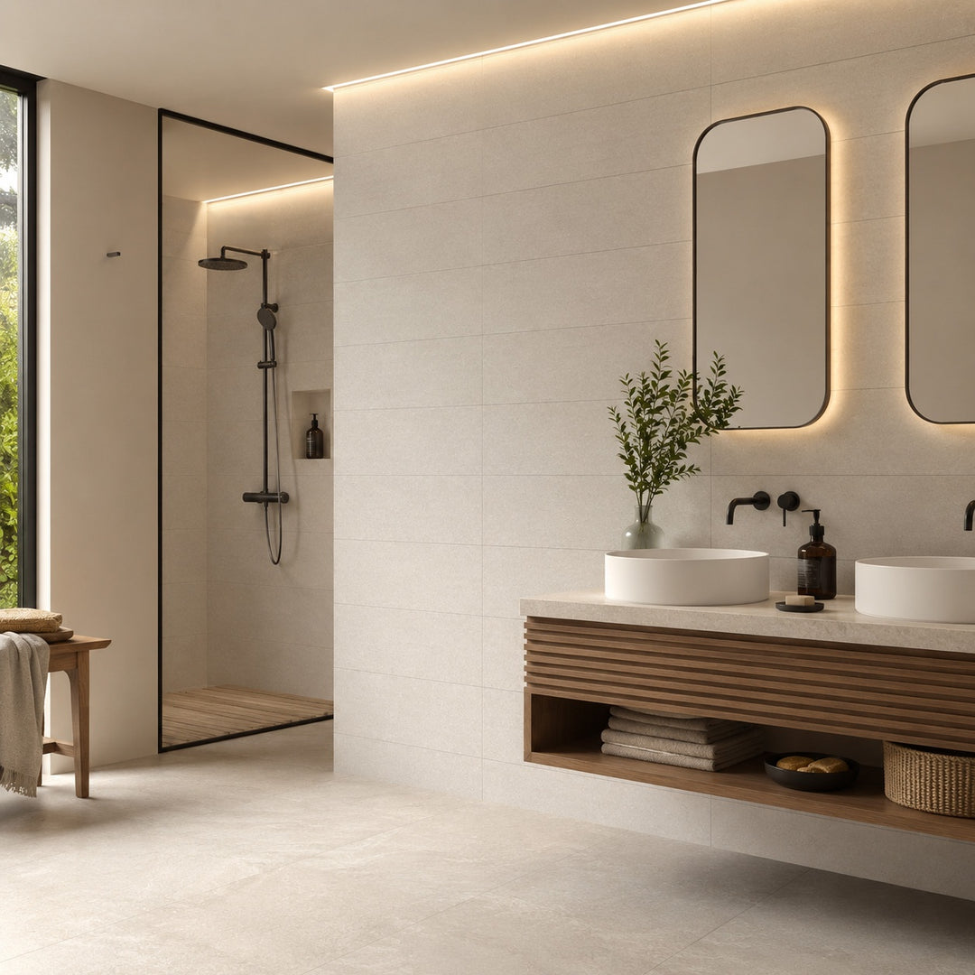 Bela Desert 30 x 90cm matt rectified white body wall tile in a warm desert beige finish, creating a contemporary stone-effect look for modern interiors.