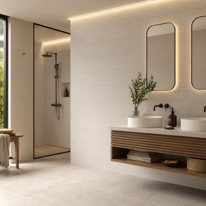 Bela Desert 30 x 90cm matt rectified white body wall tile in a warm desert beige finish, creating a contemporary stone-effect look for modern interiors.