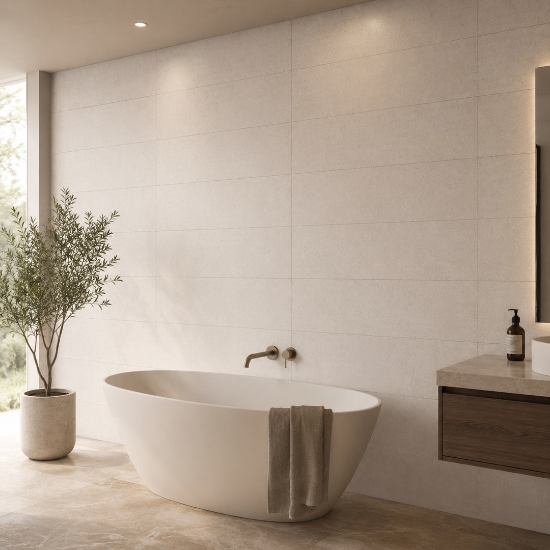 Caliza Natural 40 x 120cm matt rectified white body wall tiles with a natural limestone-effect finish, creating a contemporary feature wall in a modern bathroom.