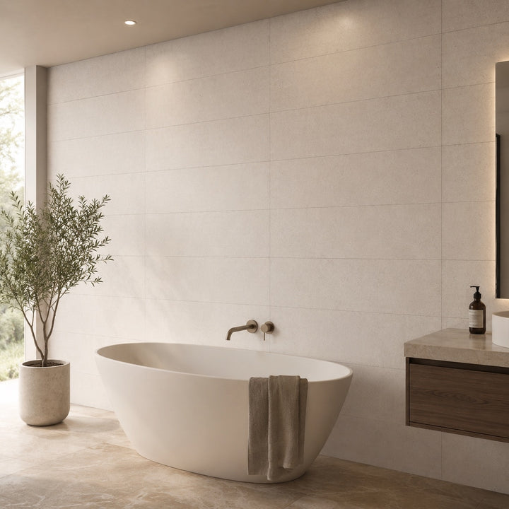 Caliza Natural 40 x 120cm matt rectified white body wall tiles with a natural limestone-effect finish, creating a contemporary feature wall in a modern bathroom.
