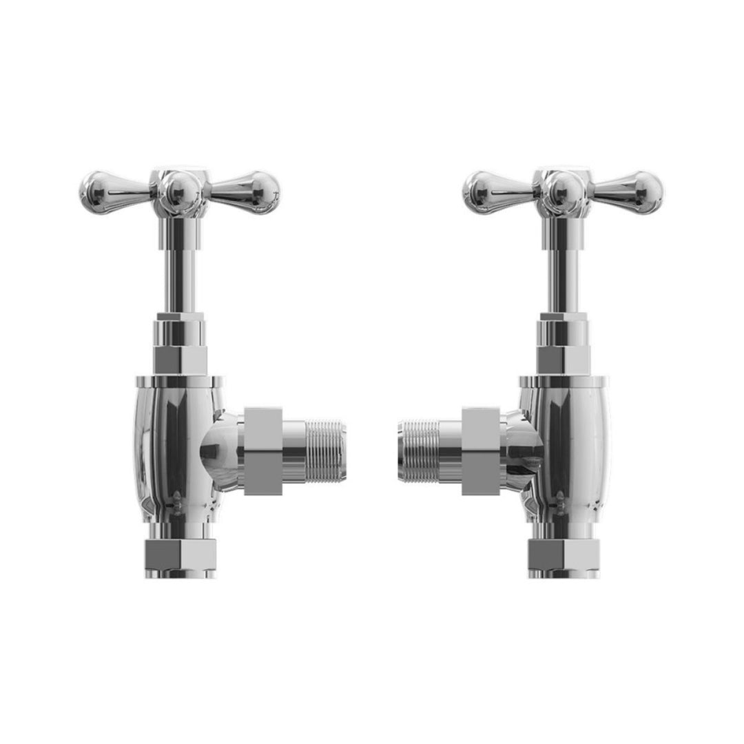 Pair of Balmoral Traditional Angled Radiator Valves in chrome with classic crosshead controls, designed for traditional column radiators and heritage-style heating systems.