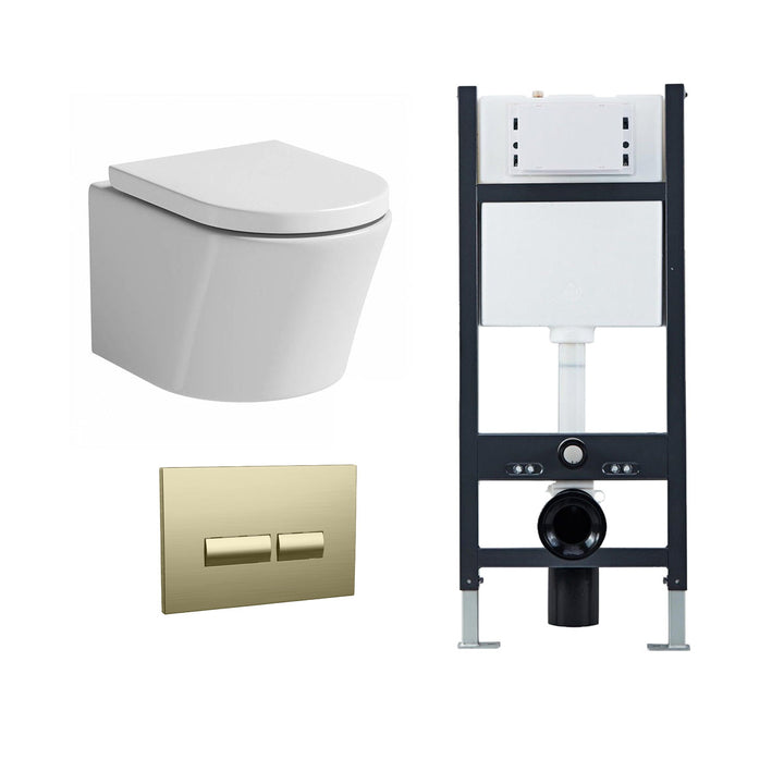 Arc Wall Hung Toilet, Wall Hung Toilet Frame, Concealed Cistern &amp; Brushed Brass Flush Plate