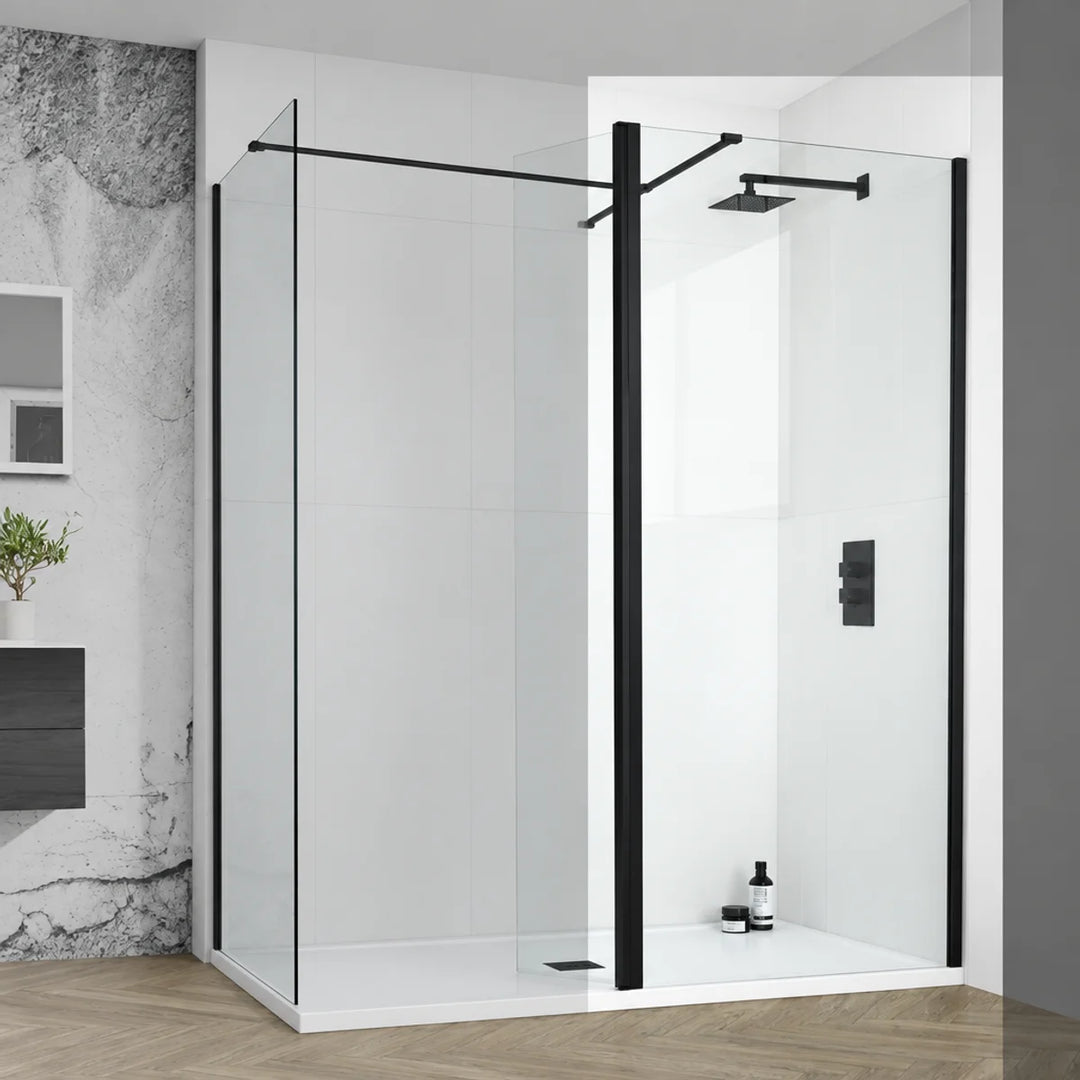 Aquadart Venturi 8 black framed wetroom panel with support arms, shown installed in a walk-in shower with white tray and black shower fittings