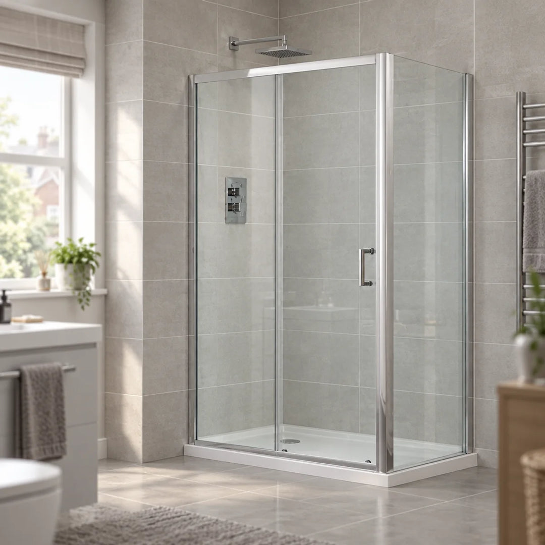 Aquadart Venturi 6 sliding shower door with chrome frame and side panel on a white tray in a grey tiled bathroom