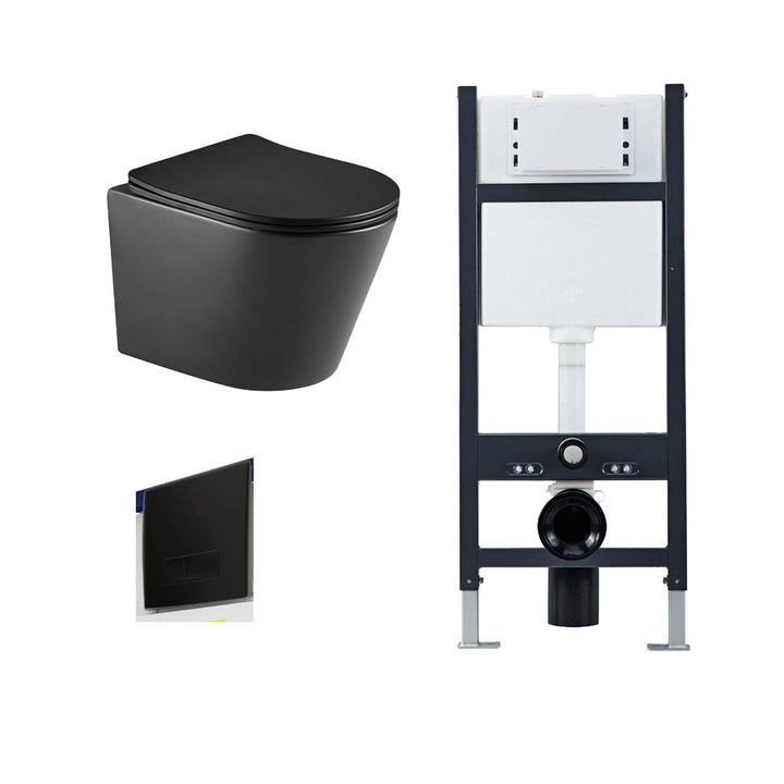 Arc Rimless Black Wall Hung Toilet, Wall Hung Toilet Frame, Concealed Cistern &amp; Black Flush Plate