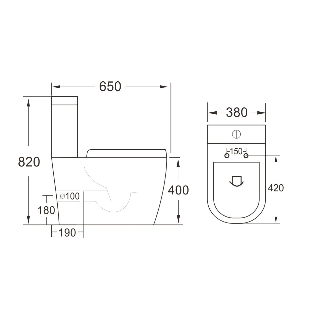 Arc II Rimless Fully Back to Wall Toilet & Soft Close Seat - Technical drawing