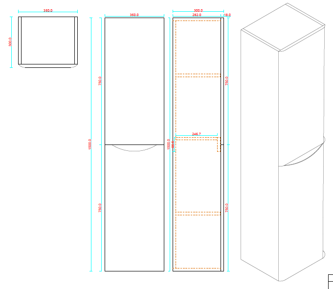 Athens Wall Hung Tall Storage Unit - Matt Black - Technical drawing