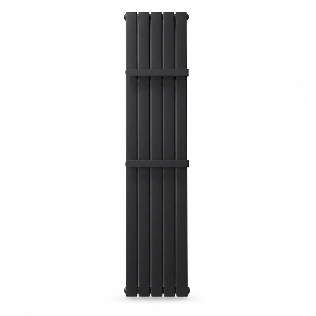Front view of the Parallel anthracite vertical double panel radiator with five flat tubes and two horizontal towel bars