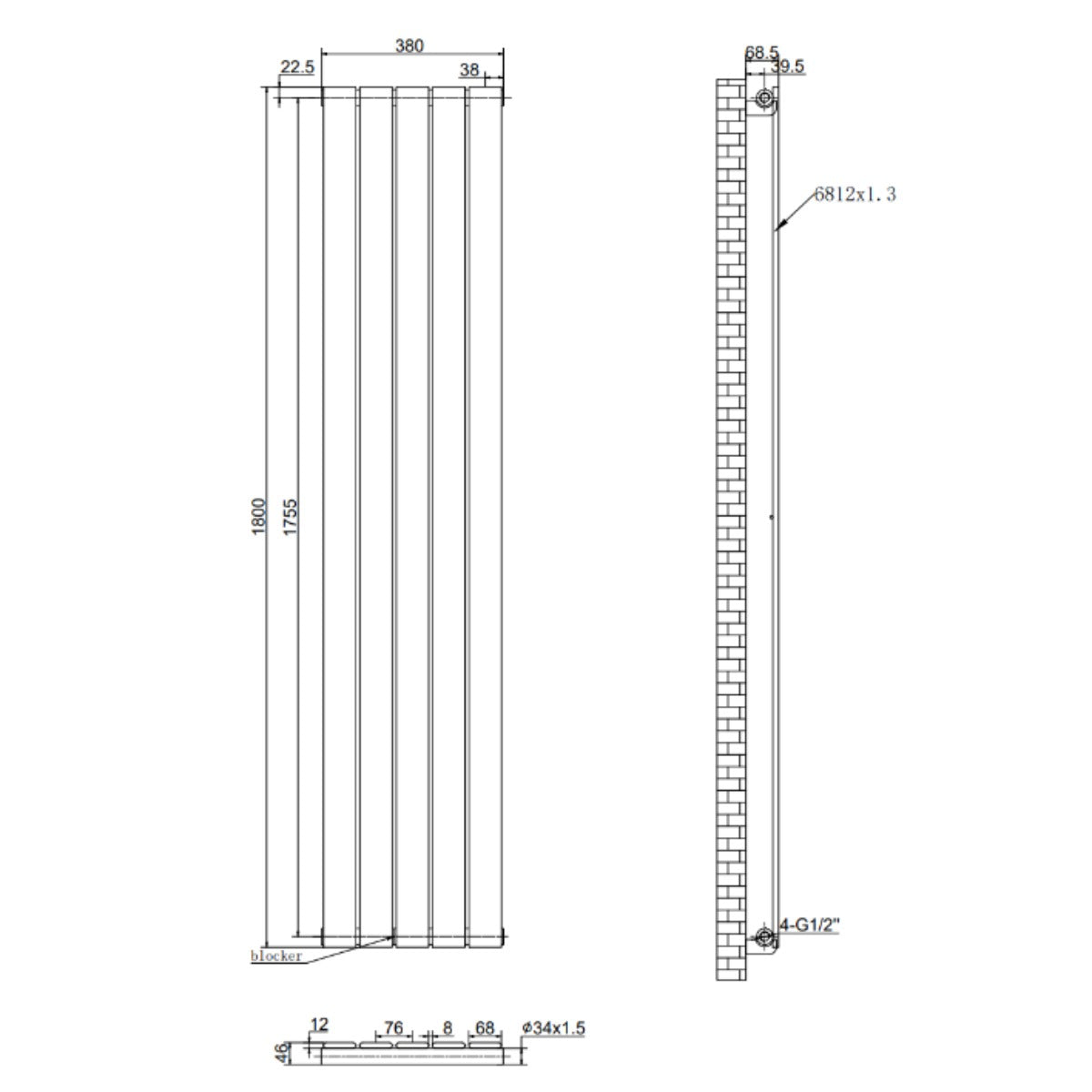 Parallel 1800 x 380mm Single Panel Radiator - Anthracite - Technical drawing