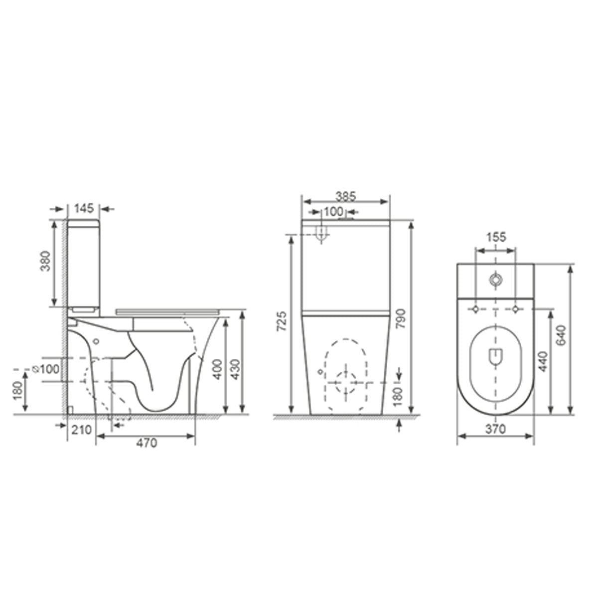 Bali Rimless Open Back Close Coupled Toilet & Slim Soft Close Seat - Technical drawing