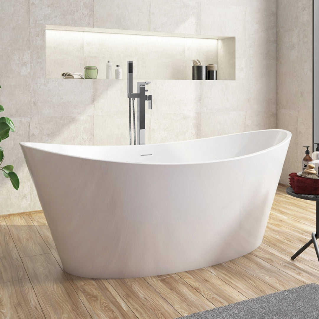 Viktor Benson Aruba freestanding double ended white acrylic bath with a contemporary oval design and smooth gloss finish.