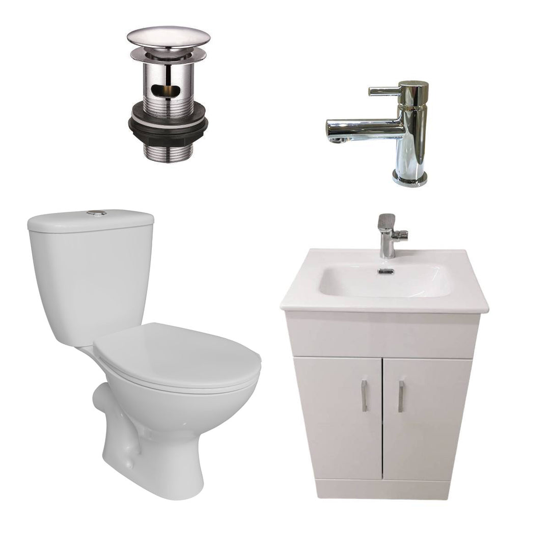 Bathroom set with toilet, sink, and tap on a white background
