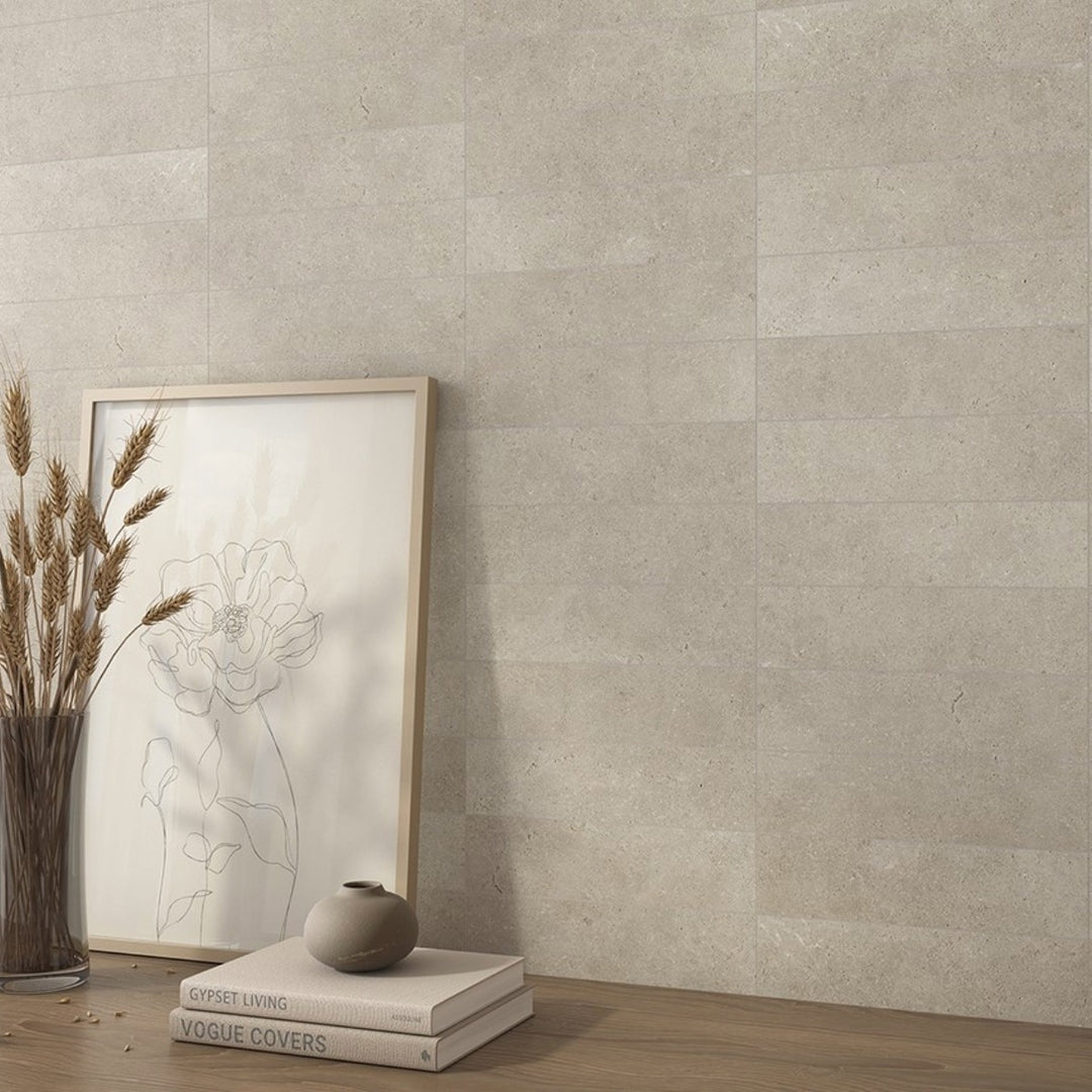Globe Beige Base 7.5 x 30cm rectified ceramic wall tile with a warm beige stone effect and subtle matt finish.