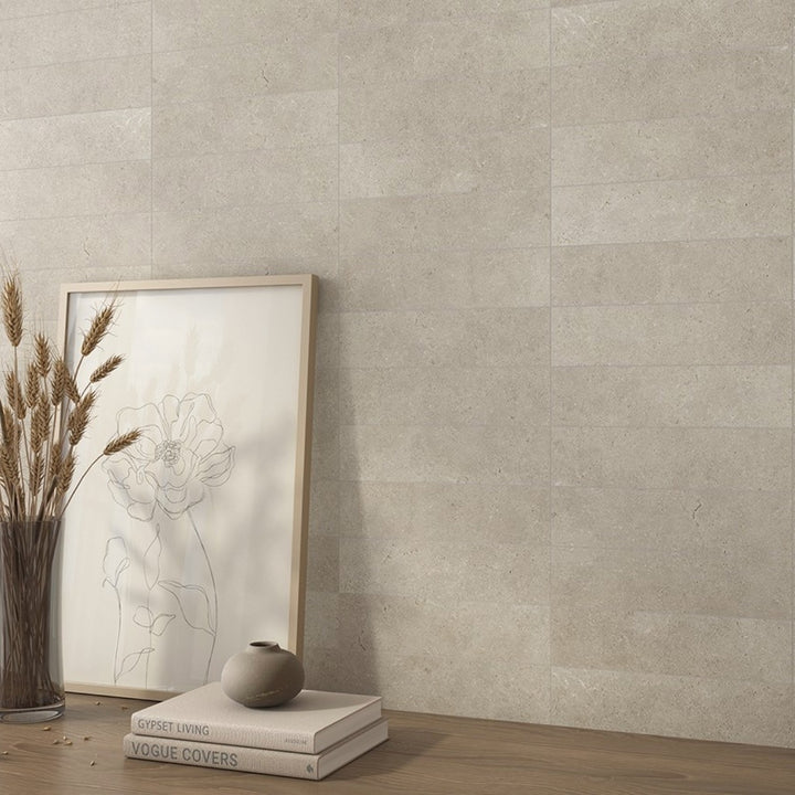 Globe Beige Base 7.5 x 30cm rectified ceramic wall tile with a warm beige stone effect and subtle matt finish.