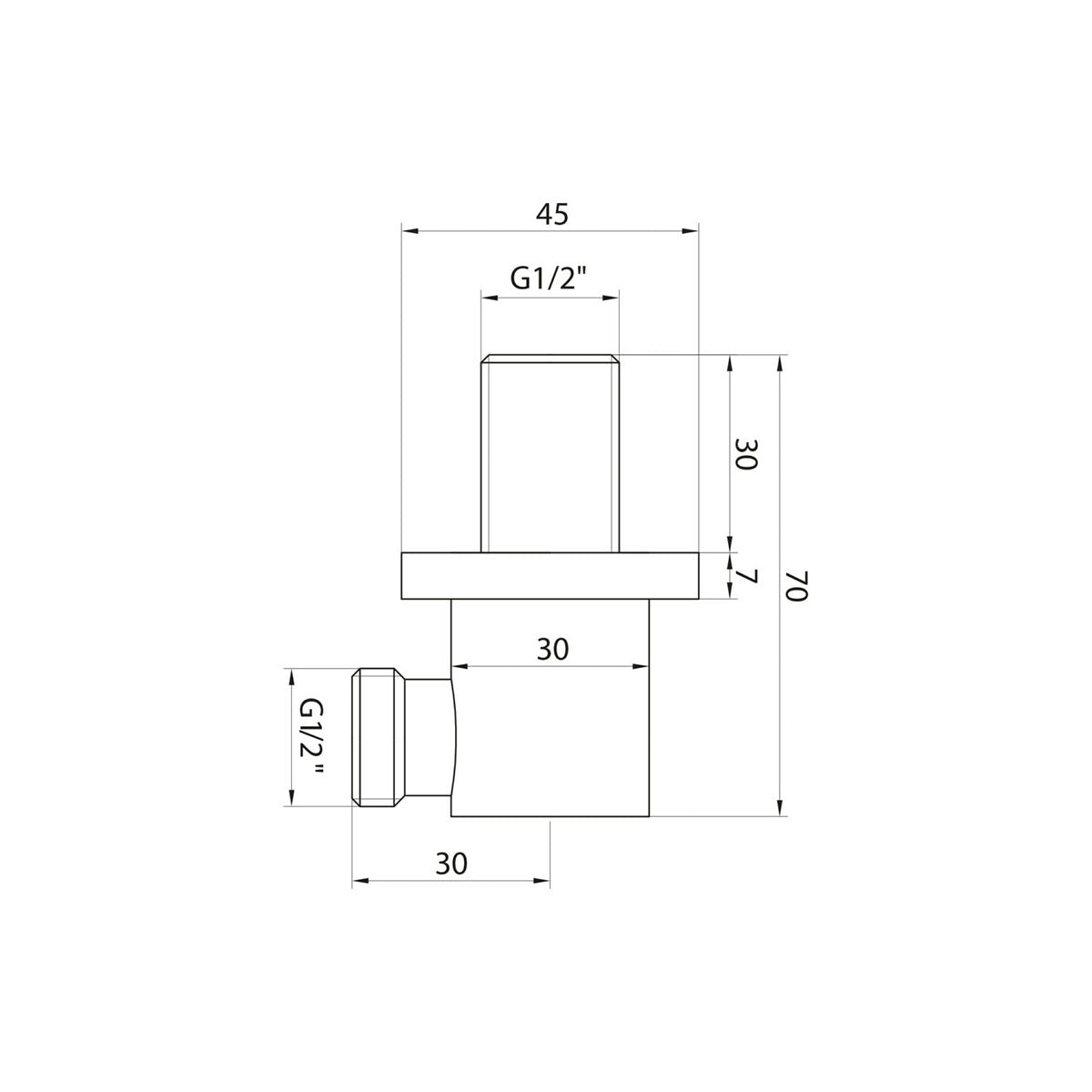 Matt Black Square Wall Outlet Elbow - Technical drawing