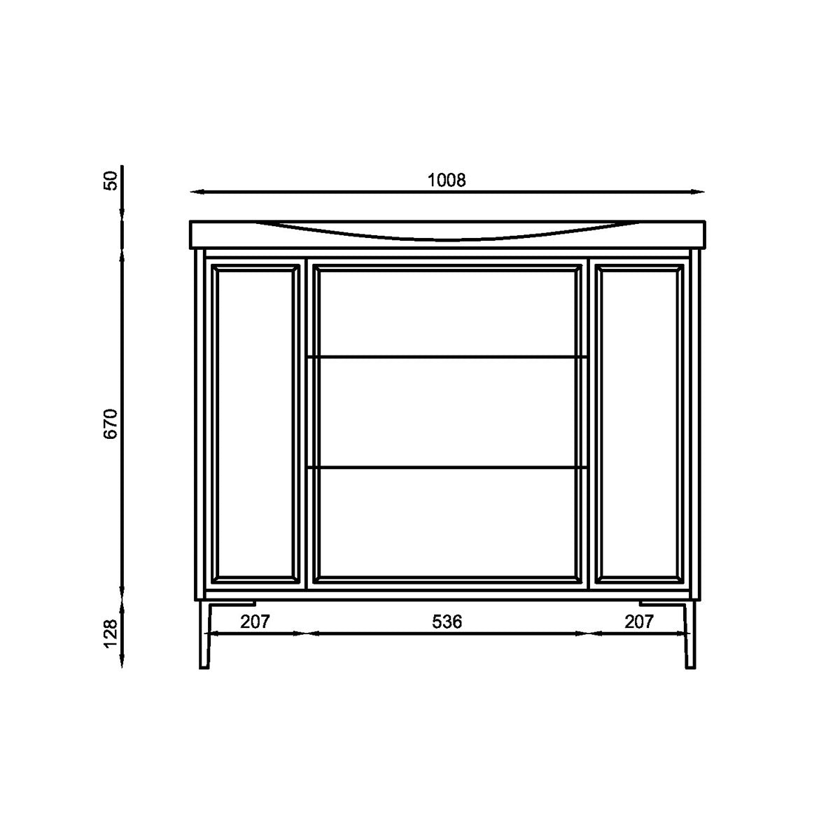 Coën 1000mm 3 Drawer, 2 Door Floor Standing Vanity Unit & Basin - Parisian Green - Technical drawing