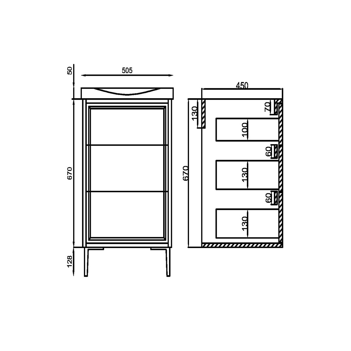 Coën 500mm 3 Drawer Floorstanding Vanity Unit & Basin - Earth Red - Technical drawing