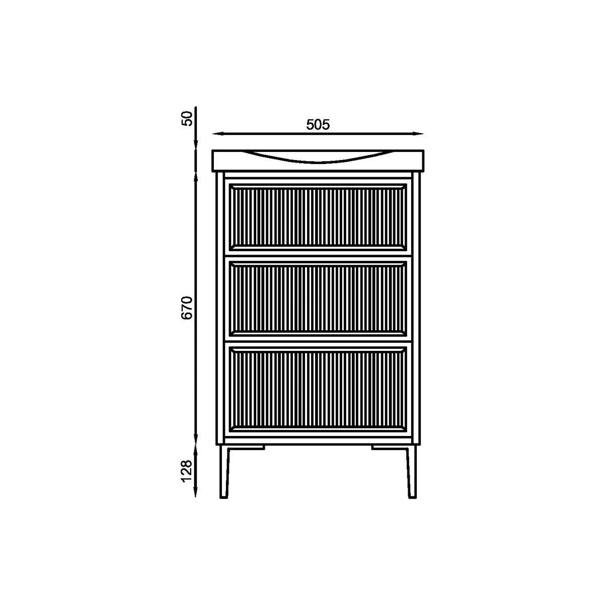 Coën 500mm 3 Drawer Floor Standing Fluted Vanity Unit & Basin - Stone - Technical drawing