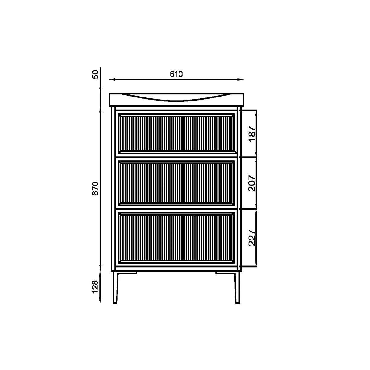 Coën 600mm 3 Drawer Floor Standing Fluted Vanity Unit & Basin - Stone - Technical drawing