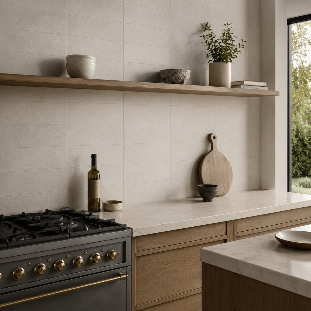 Polar Beige Base 10 x 30cm rectified porcelain wall tiles in a warm beige stone-effect finish, creating a natural, textured look.