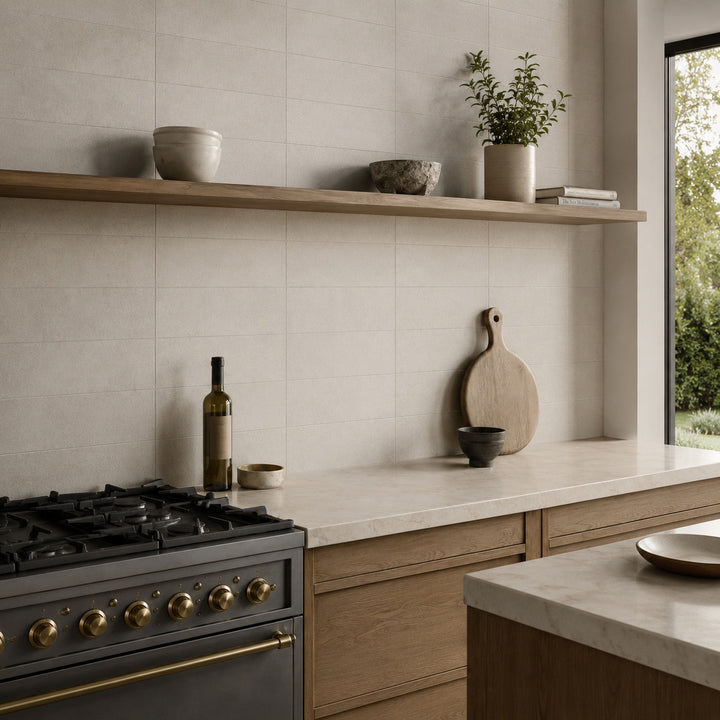 Polar Beige Base 10 x 30cm rectified porcelain wall tiles in a warm beige stone-effect finish, creating a natural, textured look.