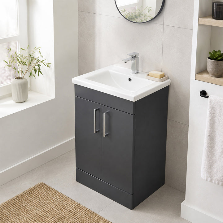 Ardan 500mm 2 Door Floor Standing Vanity Unit in Anthracite with integrated ceramic basin, chrome handles and a contemporary freestanding design.