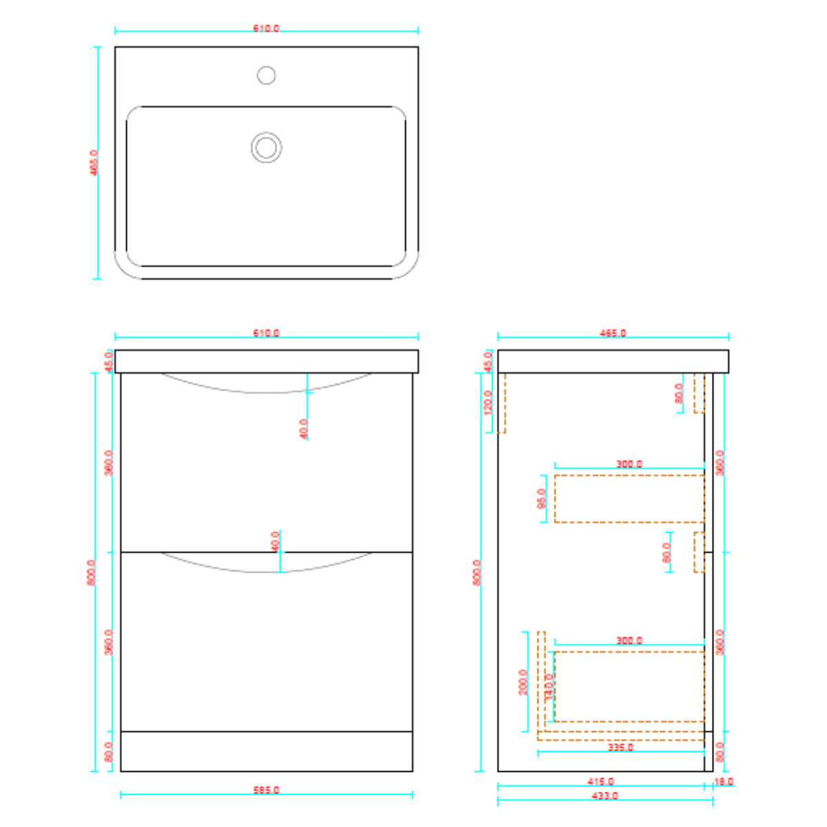 Athens 600mm Floorstanding Vanity Unit & Basin - Matt Black - Technical drawing