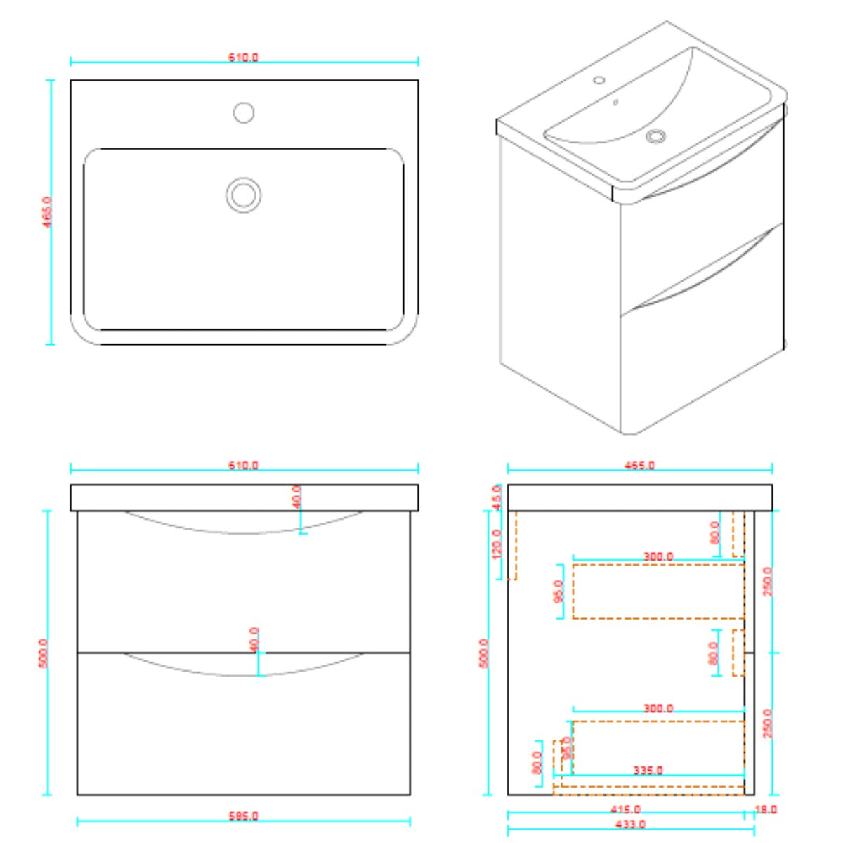 Athens 600mm Wall Hung Vanity Unit & Basin - Matt Black - Technical drawing