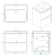 Athens 600mm Wall Hung Vanity Unit & Basin - Matt Black - Technical drawing