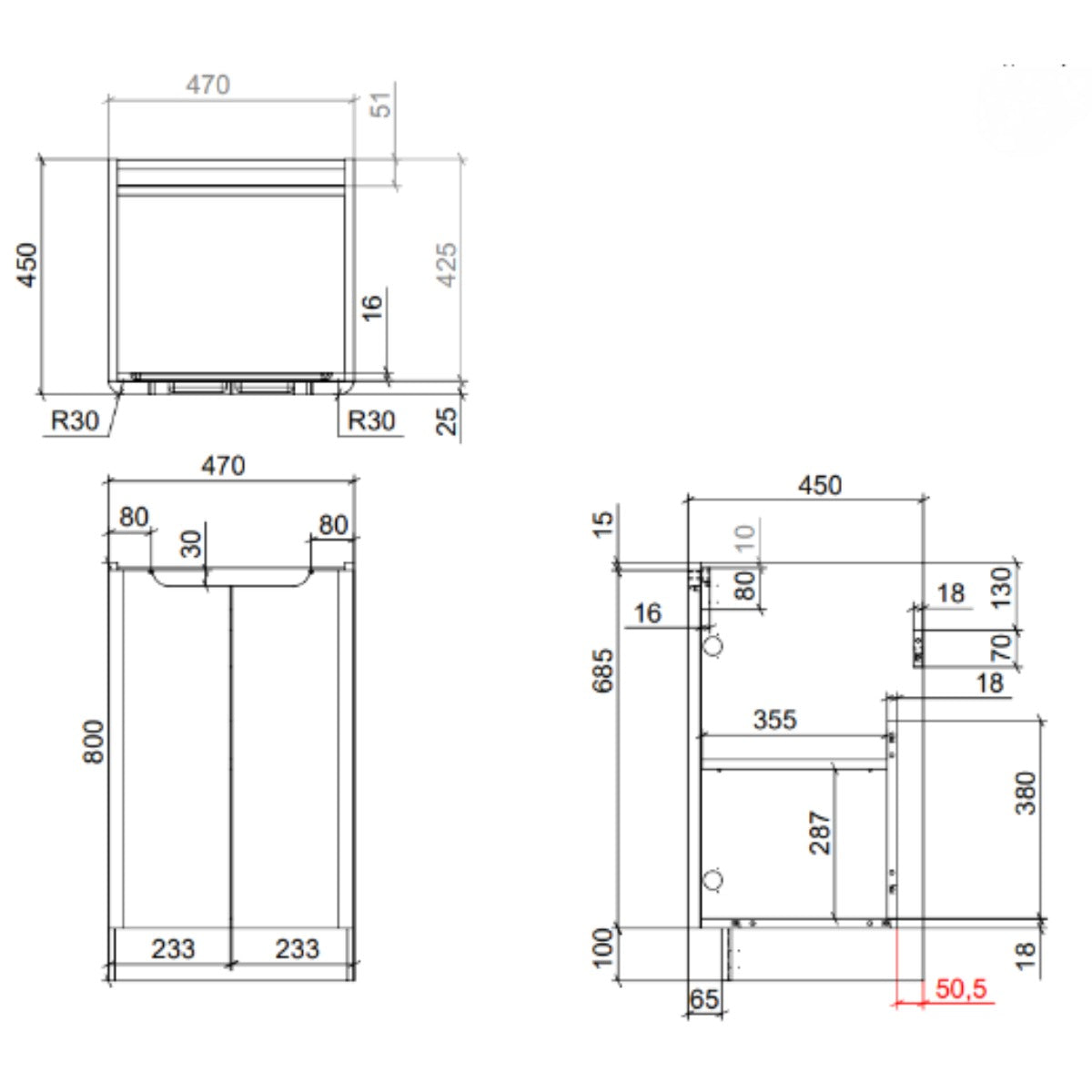 Camden 500mm 2 Door  Floor Standing Vanity Unit and Basin - Graphite Oak - Technical drawing