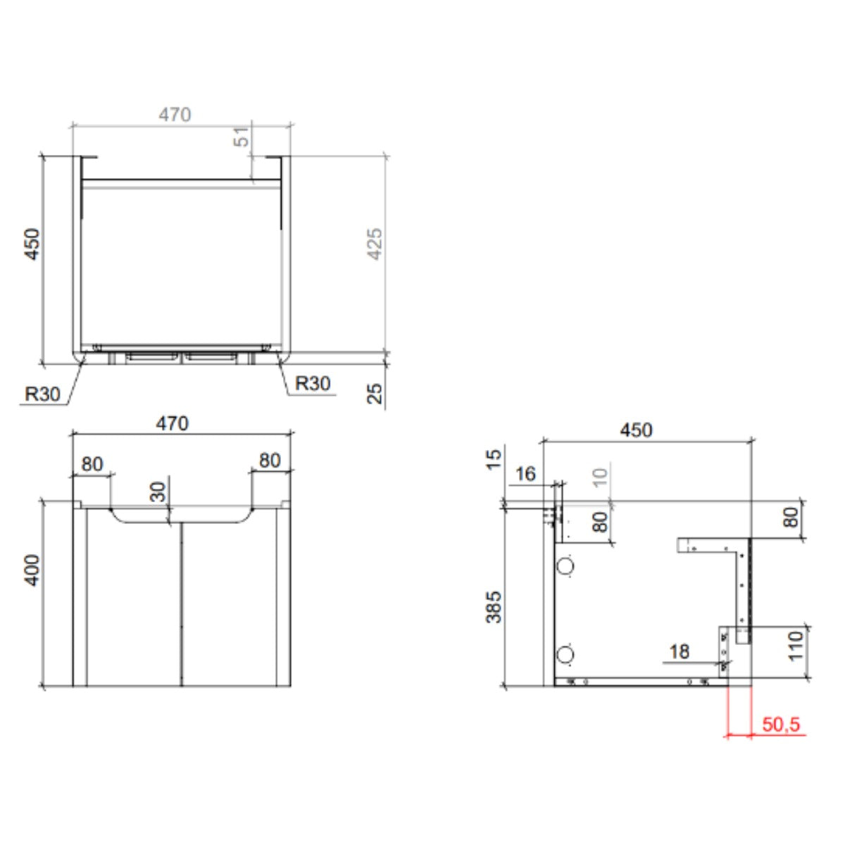 Camden 500mm 2 Door Wall Hung Vanity Unit and Basin- Graphite Oak - Technical drawing
