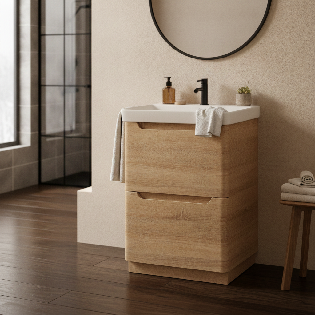 Camden 600mm 2 Drawer  Floor Standing Vanity Unit and Basin - Bardolino Oak