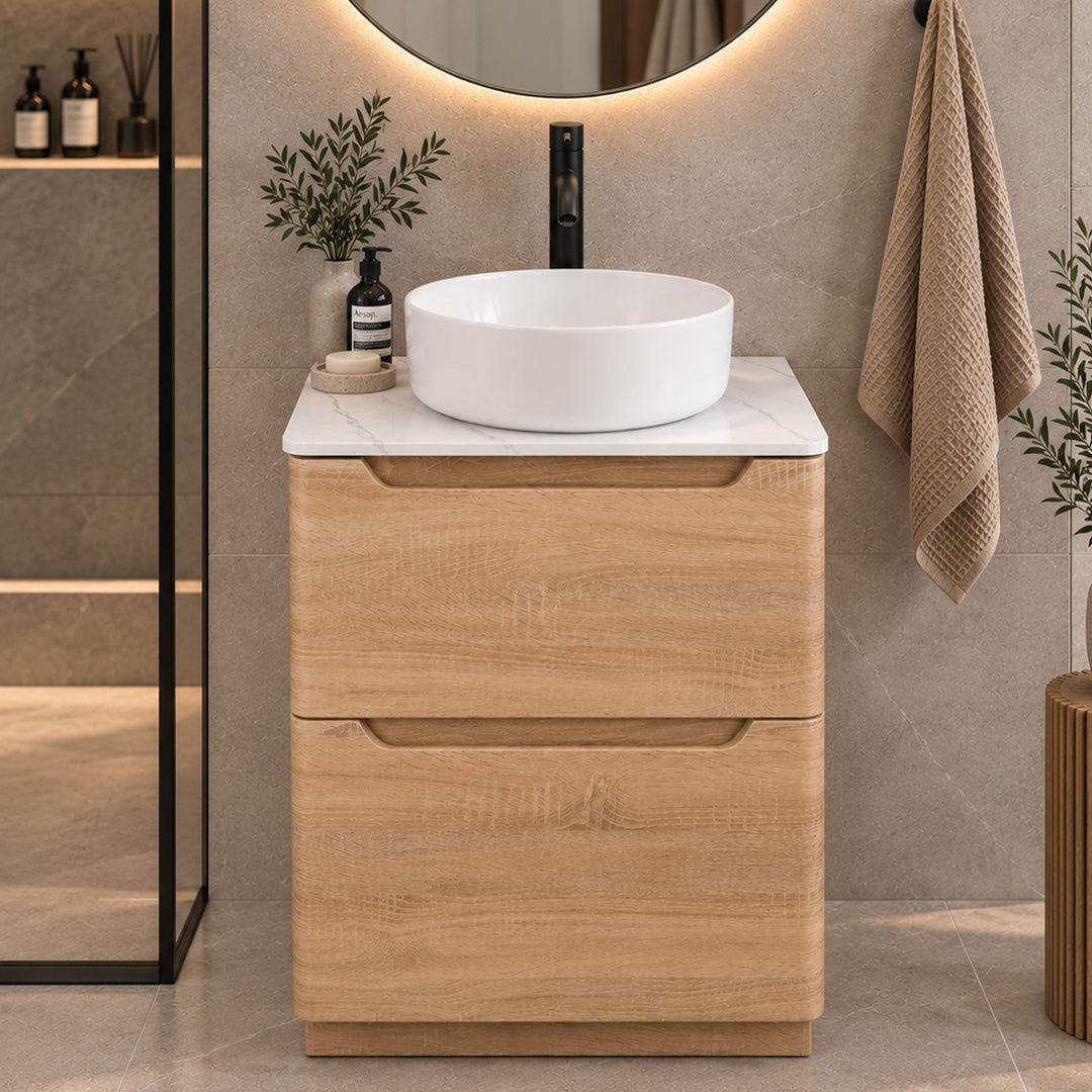 Oak Floor Standing vanity unit with marble work top 