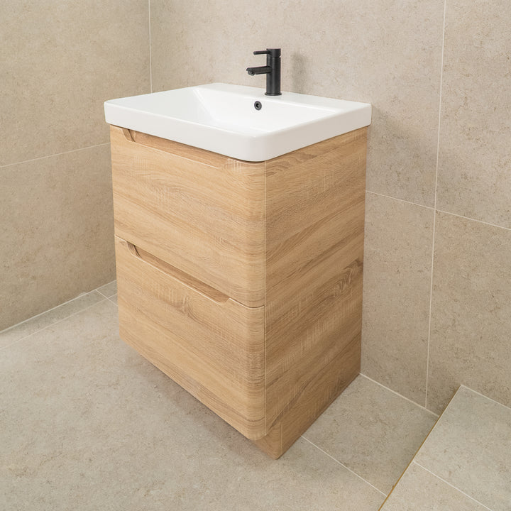 Camden 600mm 2 Drawer  Floor Standing Vanity Unit and Basin - Bardolino Oak