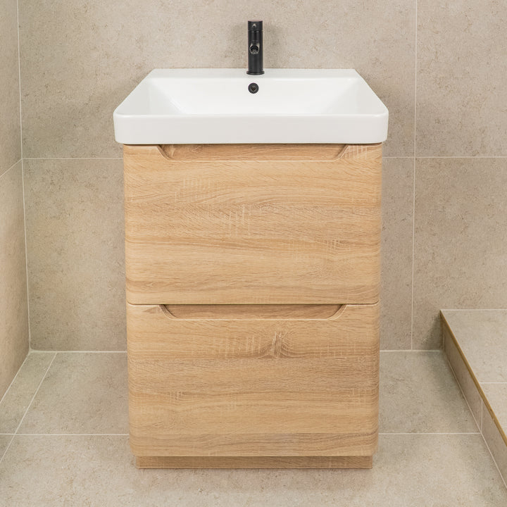 Camden 600mm 2 Drawer  Floor Standing Vanity Unit and Basin - Bardolino Oak