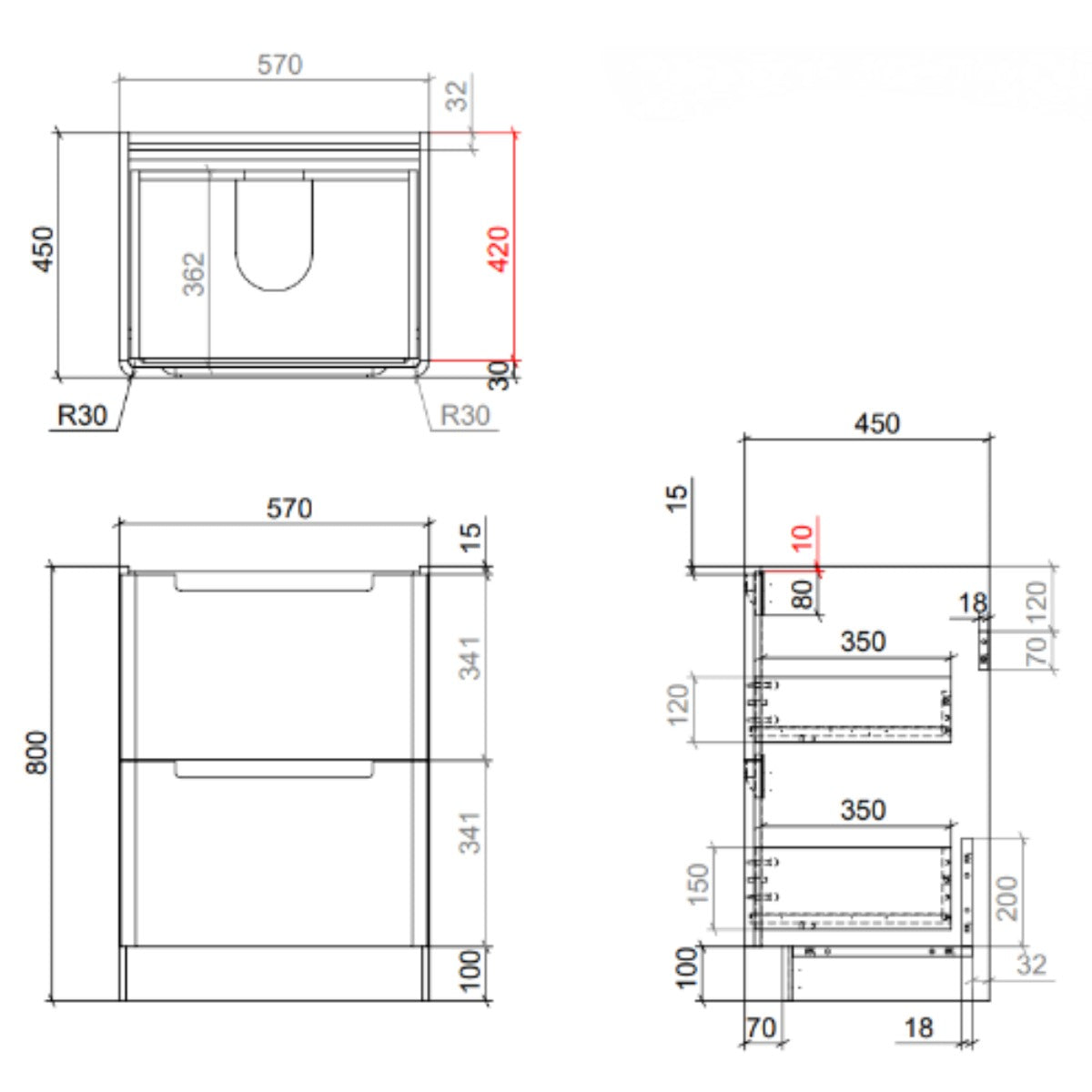 Camden 600mm 2 Drawer  Floor Standing Vanity Unit and Basin - Bardolino Oak - Technical drawing