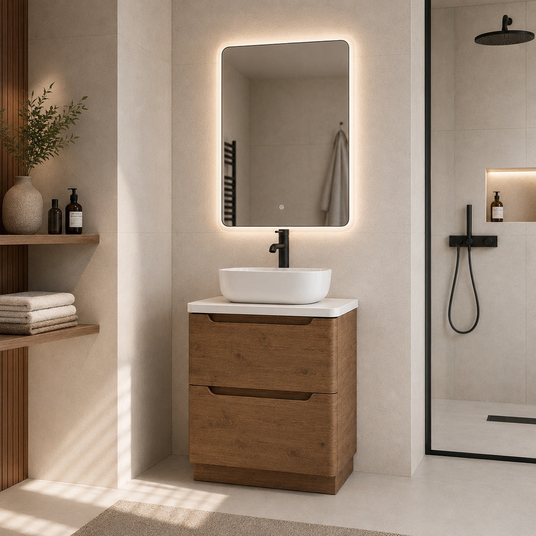 Camden 600mm floorstanding vanity unit with white worktop in Chestnut, featuring a white worktop in a contemporary bathroom.