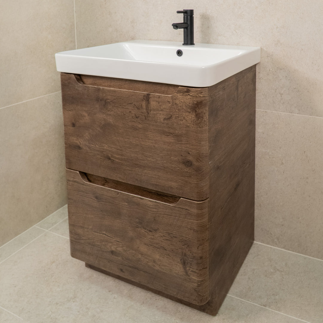 Camden 600mm 2 Drawer Floor Standing Vanity Unit and Basin - Chestnut