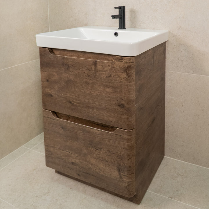 Camden 600mm 2 Drawer Floor Standing Vanity Unit and Basin - Chestnut